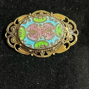 Vintage Signed FREIRICH brooch.Victorian Revival Champleve’ Enamel filigree 1960